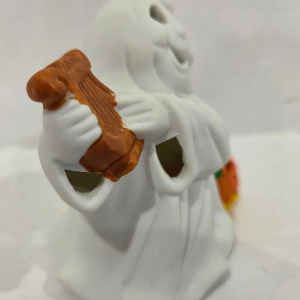 Matte White Porcelain Halloween Ghost Figurine Playing Harp 4 inch Decor